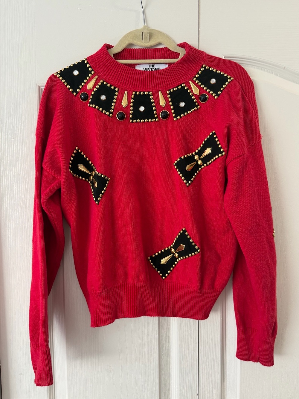Red Embellished Crewneck Sweater with Gold Stud Accents